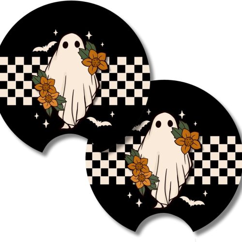 Whimsical Blooms Checkered Ghost Halloween Car Coaster Set Accessories, Spooky Season Cute Ghost Fall Goth Bats Women,Cute Car Cup Holder Coaster, Absorbent Neoprene Car Coaster (Set of 2)