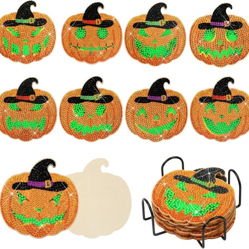Fennoral 9PCS Halloween Diamonds Painting Coasters With Holder - Pumpkin Art for Adults, Kids, Beginners - Fall Craft Party Supplies