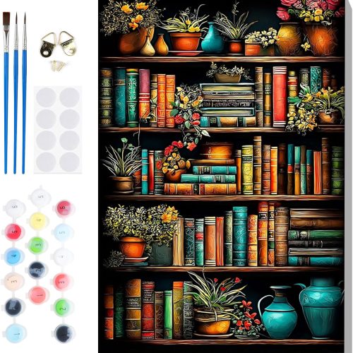 Bowetile Framed Paint by Numbers Bookshelf for Adults Beginners, Adults' Paint-by-Number Kits, Easy Adult Paint by Number Kits on Canvas, Acrylic Bookshelf Number Painting for Home Decor, 8x12in