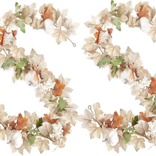 Sggvecsy Fall Maple Leaf Garland with White Pumpkins Clusters of Berries Autumn Hanging Foliage for Home Indoor Outdoor Party Thanksgiving Fireplace Decor (2 PCS)
