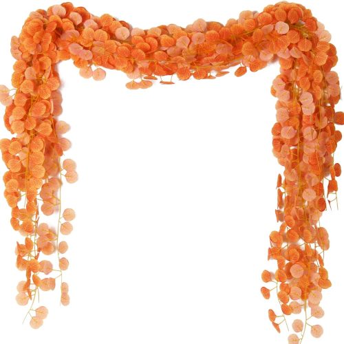 RECUTMS 18Pcs Artificial Eucalyptus Leaves Fall Garland,Hanging Faux Eucalyptu Greenery 7Ft 72Silk Orange Leave Vine Table Runner Ivy Backdrop Indoor Outdoor Thanksgiving Party Garden Autumn Decor