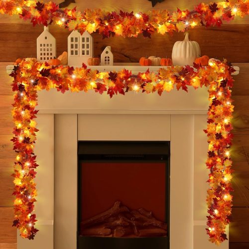 Fovths 2 Pack Fall Maple Leaves Garland with LED Light 5.7 Feet Artificial Autumn Maple Hanging Vine Foliage with Hanging Hook for Indoor Outdoor Decor Fireplace Halloween Thanksgiving