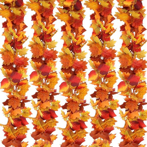 joyhalo 5 Pack Fall Leaves Garland Decorations for Home, Autumn Leaf Garland Maple Leaf Vine Outdoor Fall Decor for Porch Mantle Fireplace Stair Railing Office Front Door, Orange