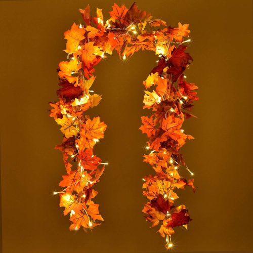 2 Pack Fall Vine Garland with 16.4Ft 40 LED String Light, 5.9Ft Maple Leaf Artificial Autumn Foliage Thanksgiving Decor for Home Wedding Fireplace Party Christmas