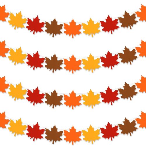 4Pcs Fall Felt Garland 4 Colors Maple Leaf Hanging Banner for Autumn Harvest Thanksgiving Party Supplies Home Fireplace Mantel Wall Decor