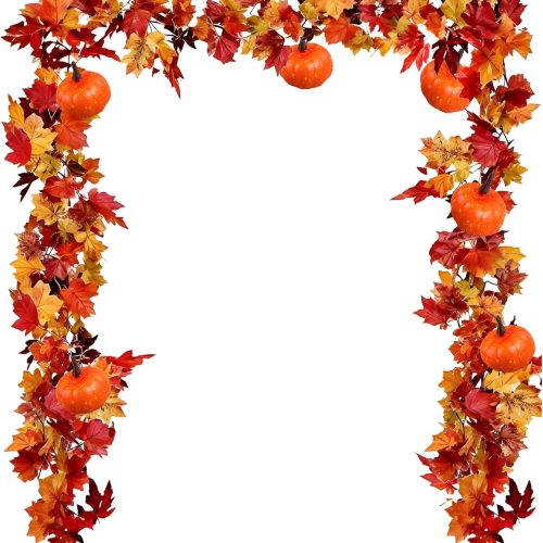 2 Pack Fall Maple Garland, 6.6 FT/Pcs Autumn Hanging Fall Leave Vines and Pumpkins for Home Garden Thanksgiving Dinner Fireplace Door Frame Doorway Backdrop Christmas Decor