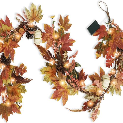 Artgar Fall Garland - 6 Ft Maple Leaf Pumpkin Berry Garland - Fall Decor Garlands with 30 Warming Lights for Thanksgiving Halloween Mantel Table Indoor Outdoor Decor