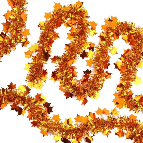 33ft Thanksgiving Fall Tinsel Garlands, Golden Copper Maple Leaf Glittering Hanging Metallic Tinsel Garland for Thanksgiving Party Decoration