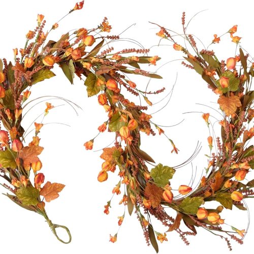 CT0731ZRA753GT_1 Fall Leaves Garland - 82" Autumn Orange Maple Floral Wreath with Forsythia for Front Door, Harvest Thanksgiving Halloween Decor - Ideal for Indoor & Outdoor Use