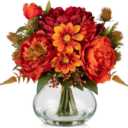 Fake Peony Flowers in Vase Fall Table Centerpiece Faux Floral Arrangement in Vase Autumn Artificial Flowres for Tables Orange Silk Flowers Arrangement