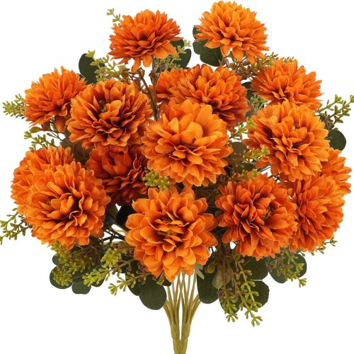 MHMJON Artificial Fall Flowers 2 Bundles 18 Heads Fake Mums Silk Chrysanthemums Bouquet Faux Floral Arrangement for Home Decor Outdoors Indoor Table Wedding Autumn Porch Decor Cemetery