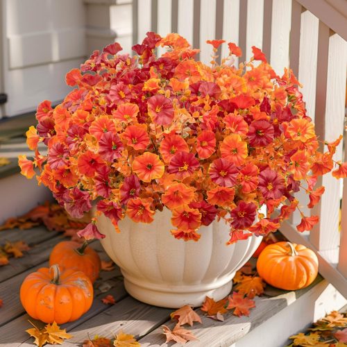 12 Bundles Artificial Fall Flowers for Outdoors UV Resistant Silk Fall Fake Flowers for Outside Garden Patio Front Porch Window Box Home Autumn Decor (Fall Red & Orange)