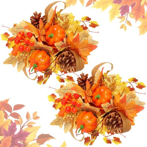 2 Pack Artificial Fall Flowers Centerpiece for Table Autumn Fake Silk Orange Pumpkins Leaves Pine Cone Flower Arrangement Harvest Table Decor for Thanksgiving Centerpiece Kitchen
