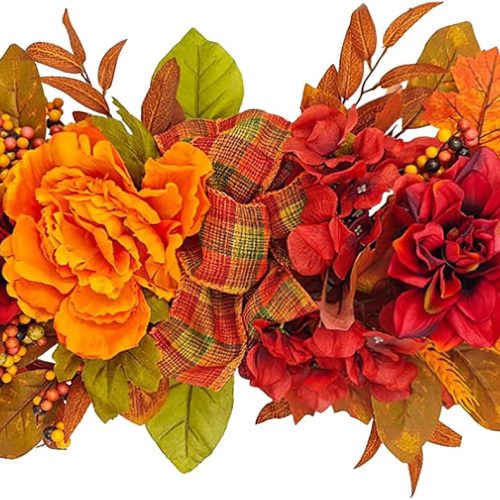 Artificial Flower Peony Fall Decorative Orange Autumn Floral Swag with Maple Leaves Harvest Swag for Thanksgiving Halloween Wedding Arch Front Door Wall Decor