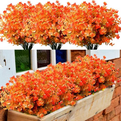 Outdoor Artificial Fall Flowers, Autumn Fake Mums Plants (8 Bundles, Burnt Orange, UV Resistant, No Fade, Realistic Look Real Faux Greenery for Front Porch, Window Box, Patio, Pots, Garden)