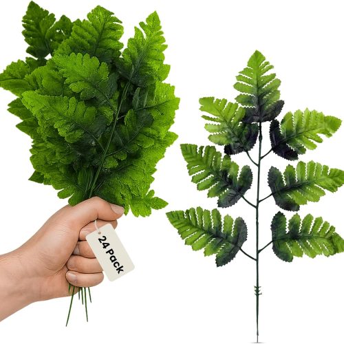Iconikal 24-Pack Artificial Silk Leather Leaf Fern Fronds, 16-Inch, Wedding Décor Floral Accents