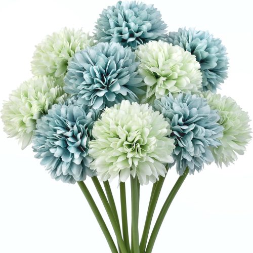 Jim's Cabin Artificial Flowers 10 Pcs Fake Silk Artificial Chrysanthemum Ball Hydrangea Bridal Wedding Bouquet for Kitchen Home Decor(Blue Green)