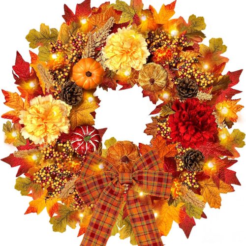 24 Inch Fall Wreaths for Front Door with Lights,Pumpkin Wreath with Berry,Dahlia,Straw and Bows,Large Autumn Wreath for Front Door Outside Indoors,Halloween Thanksgiving Farmhouse Fall Decor