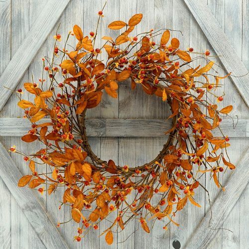 Artificial Fall Wreath for Front Door Autumn Door Wreath with Bitter Sweet Berry,Dry Vine Branches for Indoor Outdoor Farmhouse Home Wall Window Festival Wedding Decor, Gift Boxes Included