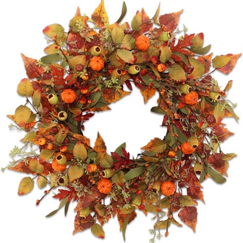 22 inch Artificial Fall Wreaths for Front Door,Autumn Wreath with Pumpkin and Maple Leaves Suitable for Indoor Outdoor Wall Porch Harvest Festival Thanksgiving Day Farmhouse Holiday Decor.