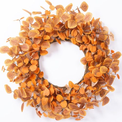 Fall Wreaths for Front Door 22 Inch Autumn Outdoor Wreath with Eucalyptus Leaves,Orange Artificial Leaf Wreath for Window Farmhouse,Harvest,Thanksgiving Decor