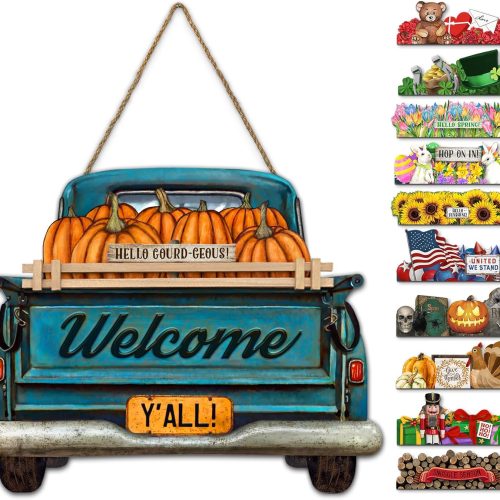 CT0802ZRA1159GT_1 Interchangeable Welcome Sign for Front Door Blue Farmhouse Truck Decor Hanging Sign with 11 Interchangeable Seasonal and Holiday Decor Signs 12x14 in. (Blue Farmhouse Truck)