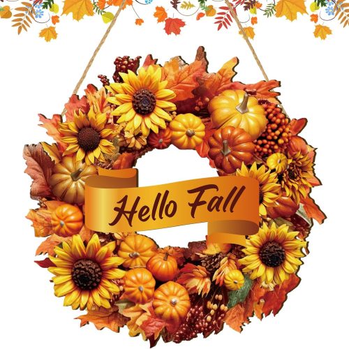 Wesiti Hello Fall Rustic Wooden Wreath Autumn Wreath for Front Door Welcome Sunflower and Pumpkin Wooden Door Sign Maple Leaves and Berry Door Decorations for Porch Outdoor Front Door UTE-Wesiti-1281