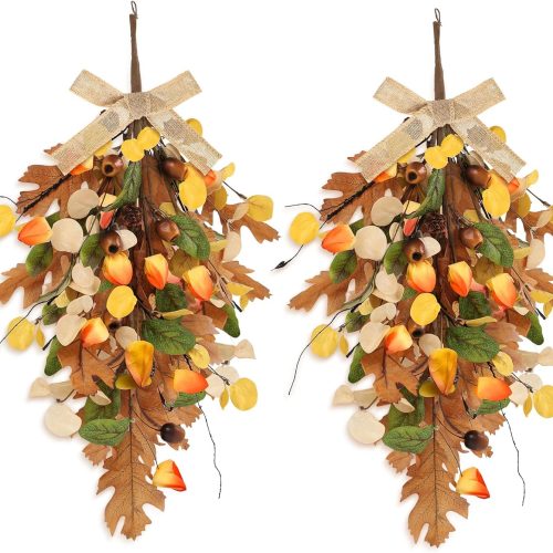 22" Fall Wreaths for Front Door 2 PCS Fall Teardrop Swag Artificial Golden Eucalyptus Leaves and Oak Leaves with Ribbon for Indoor Outdoor Farmhouse Home Wall Window Festival Wedding Decor