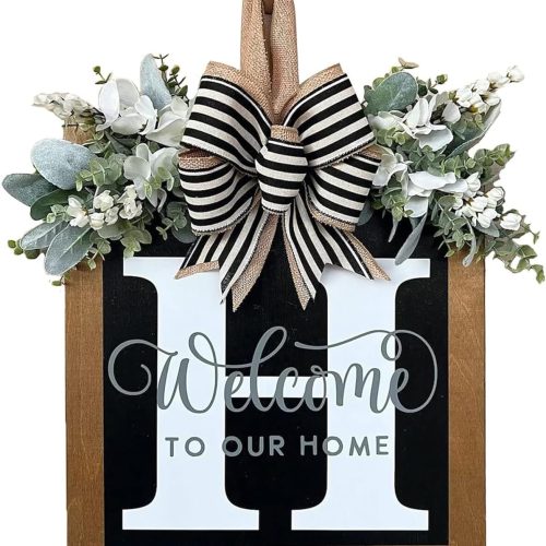 Last Name Year Round Front Door Wreath Front Porch Decoration 26 Letter Welcome Sign with Eucalyptus Garland and Bow Spring Wreaths for Front Door Outside Hanger Garland（H）