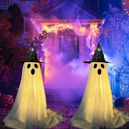 2Packs Halloween Decorations Outdoor, Halloweens Decoration Indoor Spooky Ghost with Witch Hat, Halloween-Ghost with 8 Modes String Lights for Front Porches Yards Lawn（Warm White）