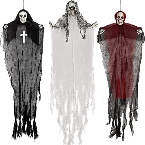 CT0804ZRA1226GT_1 Halloween Hanging Skeleton Ghosts (3 Pack), One 36” and Two 32” Halloweens Grim Reapers, Flying Ghosts for Haunted House Prop Décor, Indoor/Outdoor Halloween Decorations
