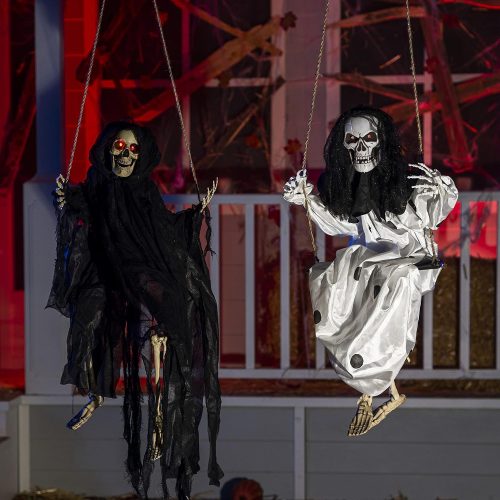 JOYIN Halloween Scary Decorations Outdoor, 2 Packs Halloween Hanging Swinging Ghosts Decor with Lighted Up Eyes, Creepy Swinging Skeleton Flying Props for Yard Patio Lawn Garden