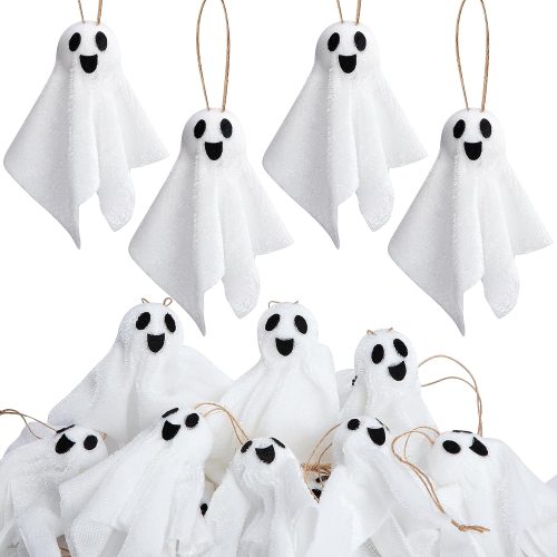 Watayo 16 Pcs Halloween Hanging Ghosts Decoration, 3.5" x 3" Outdoor Small Ghosts Tree Ornaments, Farmhouse Rustic White Cloth Ghost Hanging Decor for Yard Lawn Haunted House Party Decor