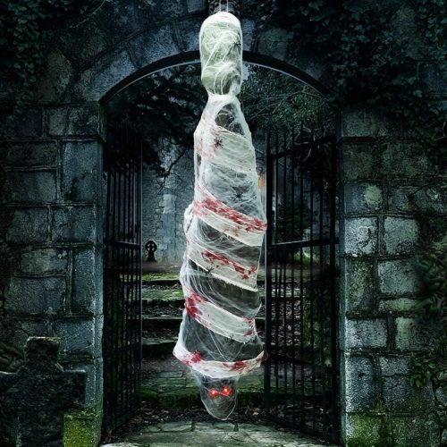 Zcaukya Halloween Decorations, 72 Inch Hanging Spooky Scary Creepy Mummy Decoration with LED Glowing Eyes and Voice Activated for Halloween Party, Haunted House, Yard, Ceiling, Indoor Outdoor Decor