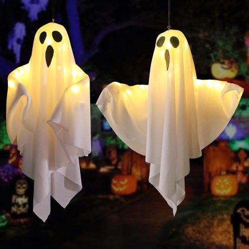 Halloween Decorations 19.6" Hanging Ghosts Light Up Kit Decor Warm LED Ghost Light Indoor Bedroom Wall Outdoor Fall Party Garden Patio Front Porch Yard Scary Cute Halloween Ghost Decor Gifts