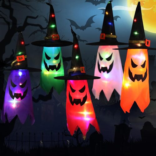 Halloween Hanging Witch Hats,5P Halloween Decorations Outdoor Ghosts with Glowing Ghost Hat Lights,Witch Accessories Caps for Halloween Party Yard Patio Garden Tree Outside