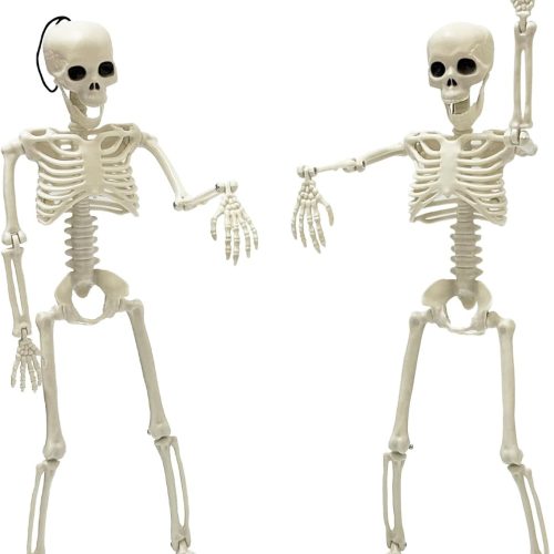 Jabrand 2pcs Mini Skeletons Decoration Kit, 16” Posable Hanging Skeletons Small Skeleton Plastic Bones for Christmas Halloween Indoor Outdoor Spooky Party Decor