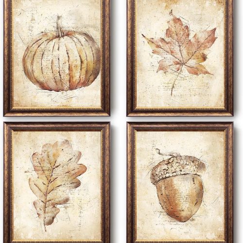 ETVISO Vintage Fall Wall Prints Decor, Rustic Pumpkin Maple Leaf Pictures Set of 4, Rustic Autumn Fall Wall Art Poster Decorations for Bathroom Room Home Living Bedroom Decor,8x10(Unframed)