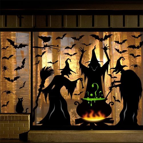 Halloween Decorations Window Clings Decor, Extra Large 3 Witches with Black Cat Bat Spider Cauldron Silhouette Halloween Window Stickers Indoor, School Home Office Party Supplies 4 Sheets
