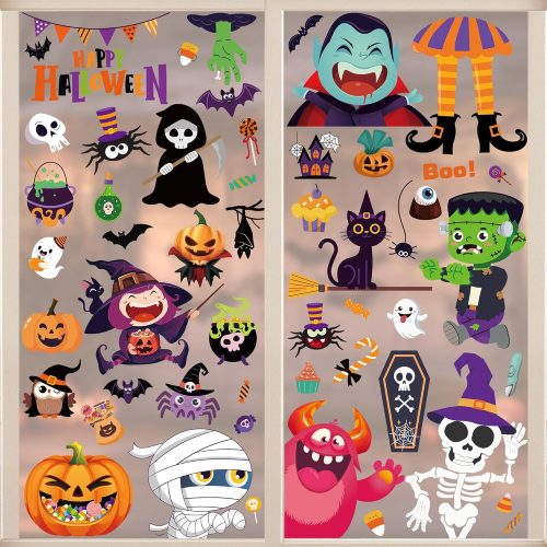 Halloween Window Clings - 102 PCS 9Sheets Spooky & Fun Halloween Decorations for Kids, Reusable Decal Stickers with Pumpkins Ghosts Witches Monsters for Home Office Party Decor Decor
