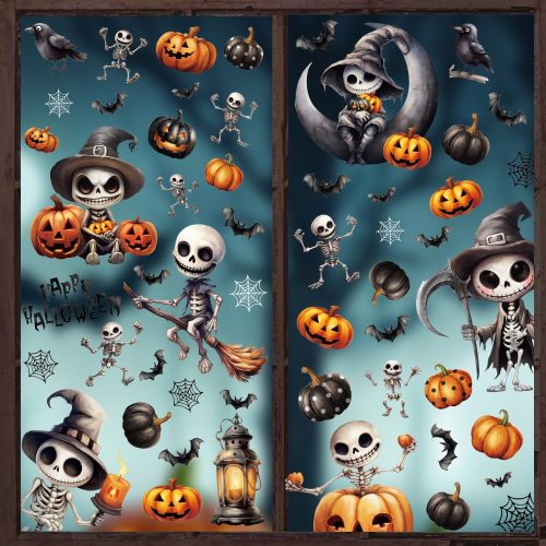 CCINEE 8 Sheet Spooky Skeleton Halloween Window Clings Sticker, Double Sided Skeleton Bat Pumpkin Gel Window Clings for Halloween Party Glass Decals Indoor Mirror Wall Decoration