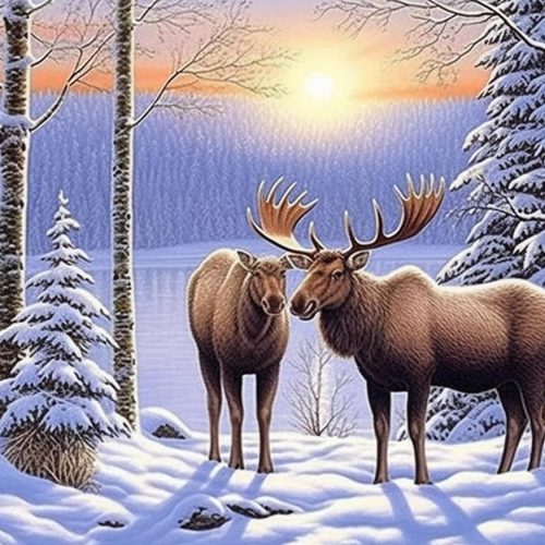 Diymood DIY 5D Diamond Painting by Number Kits, Diamond Painting Moose Winter Forest Paint with Diamonds Arts for Adults Full Drill Canvas Picture for Home Wall Decor 40x50cm(16x20inch)