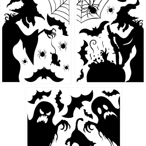 3 Sheet 14x10 Inches Halloween Window Cling Sticker Scary Spooky Monster Silhouette Halloween Window Stickers Decals for Home Indoor Outdoor Office Party Decoration（Ghost and Witch）