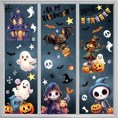 DIYASY Halloween Window Clings, 8 Sheets Cute Window Stickers Double-Sided Home Bats Ghost House Sticker Decals Halloween Decorations Indoor Outdoor Room Glass Party Decor