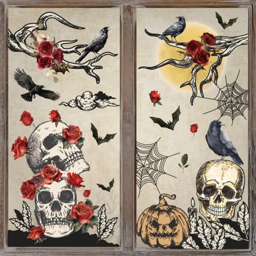 Halloween Gothic Window Clings Day of The Dead Rose Skull Window Stickers Scary Double-Side Glass Decals for Home Party Decor, 7.9 x 11.8 Inch, 9 Sheets