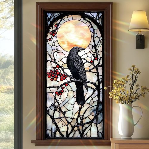 CT0805ZRA338GT_1 Stained Glass Style Raven Window Film, Gothic Inspired Privacy Decor for Windows, Living Room Sun Blocking Decor Removable Static Cling Stickers 17.71x39.97 inch