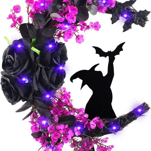 Halloween Wreaths for Front Door Black Cat Halloween Door Wreath Moon Cat Rose Flower Grapevine Wreaths Halloween's Doors Decorarions Holiday Home Indoor Outdoor Wreath Party Decorations (Black)