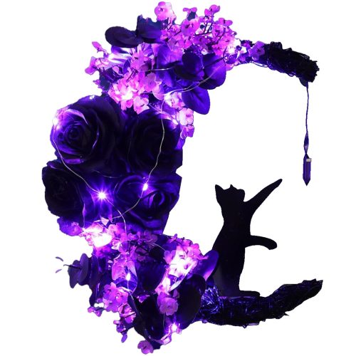 Halloween Wreaths with Light for Front Door - Gothic Cat Moon Lighted Wreaths with Greenery Wildflower for Porch Wall Farmhouse Indoor Outdoor Decor 11.8 * 11 Inch (Purple (16 inch))