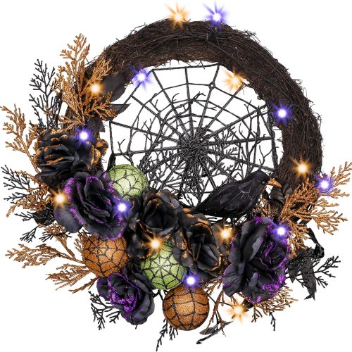 Valery Madelyn Halloween Wreath for Front Door with Lights, 24 Inch Pre-Lit Roses Crow Spider Webs Ball Ornaments Collapsible Halloween Wreath Decorations Indoor for Table Centerpiece Holiday Decor