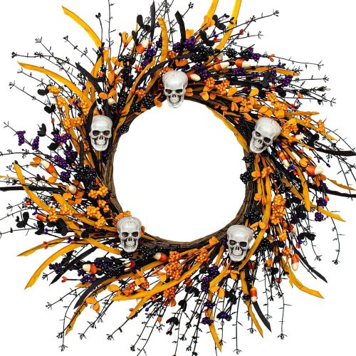 Artificial Halloween Wreath 22 Inch Black Halloween Wreaths for Front Door Skull Wreath with Candy Berries for Party Wall Porch Decor